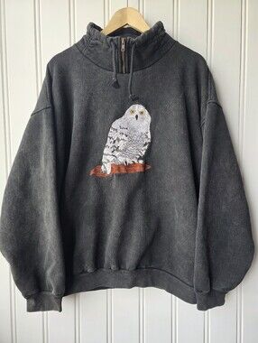 Vintage English Bay Sportswear 1/4 Zip Pullover Snowy Owl Sweater Unisex Large